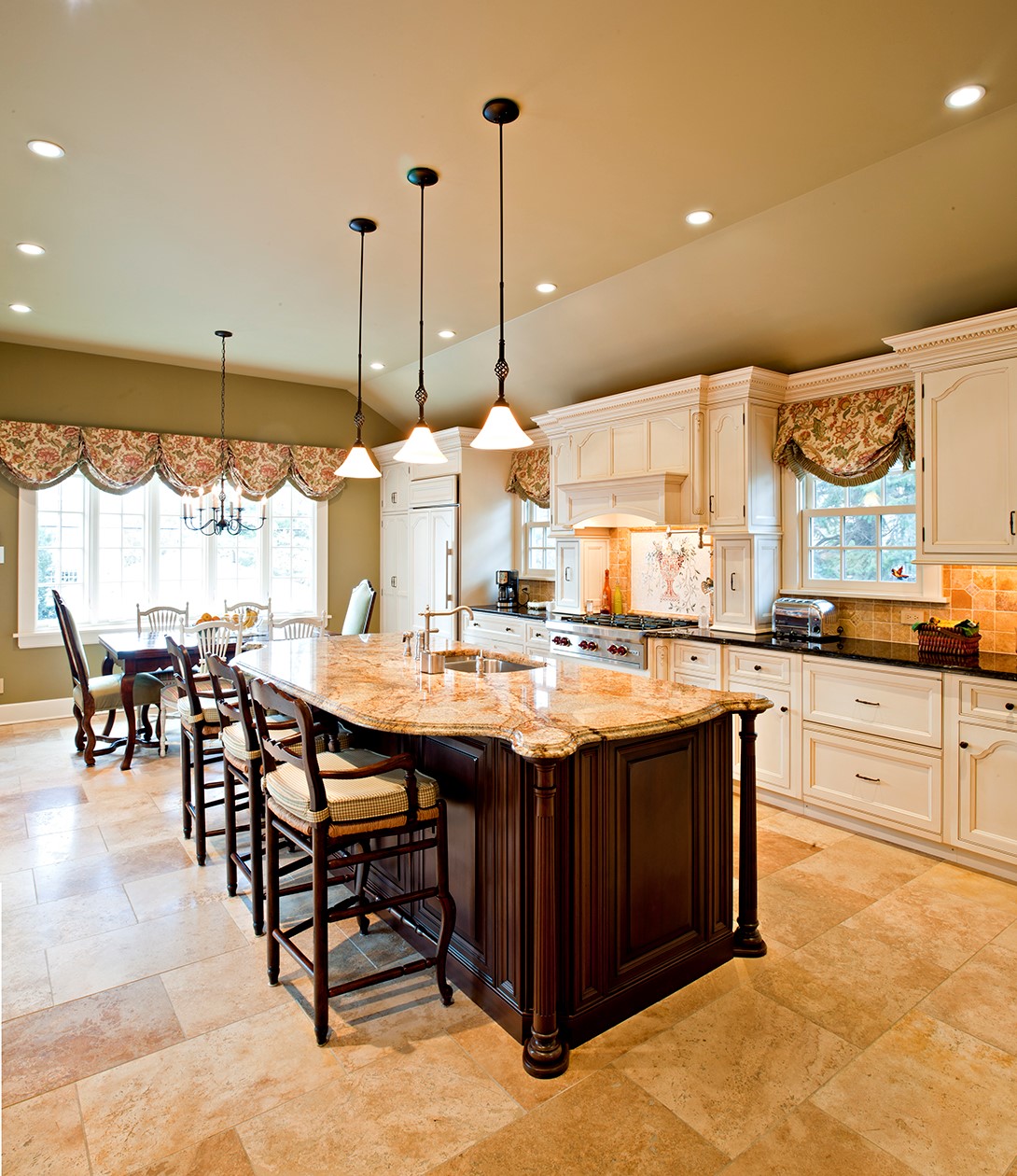 view of French Provincial Kitcken with island